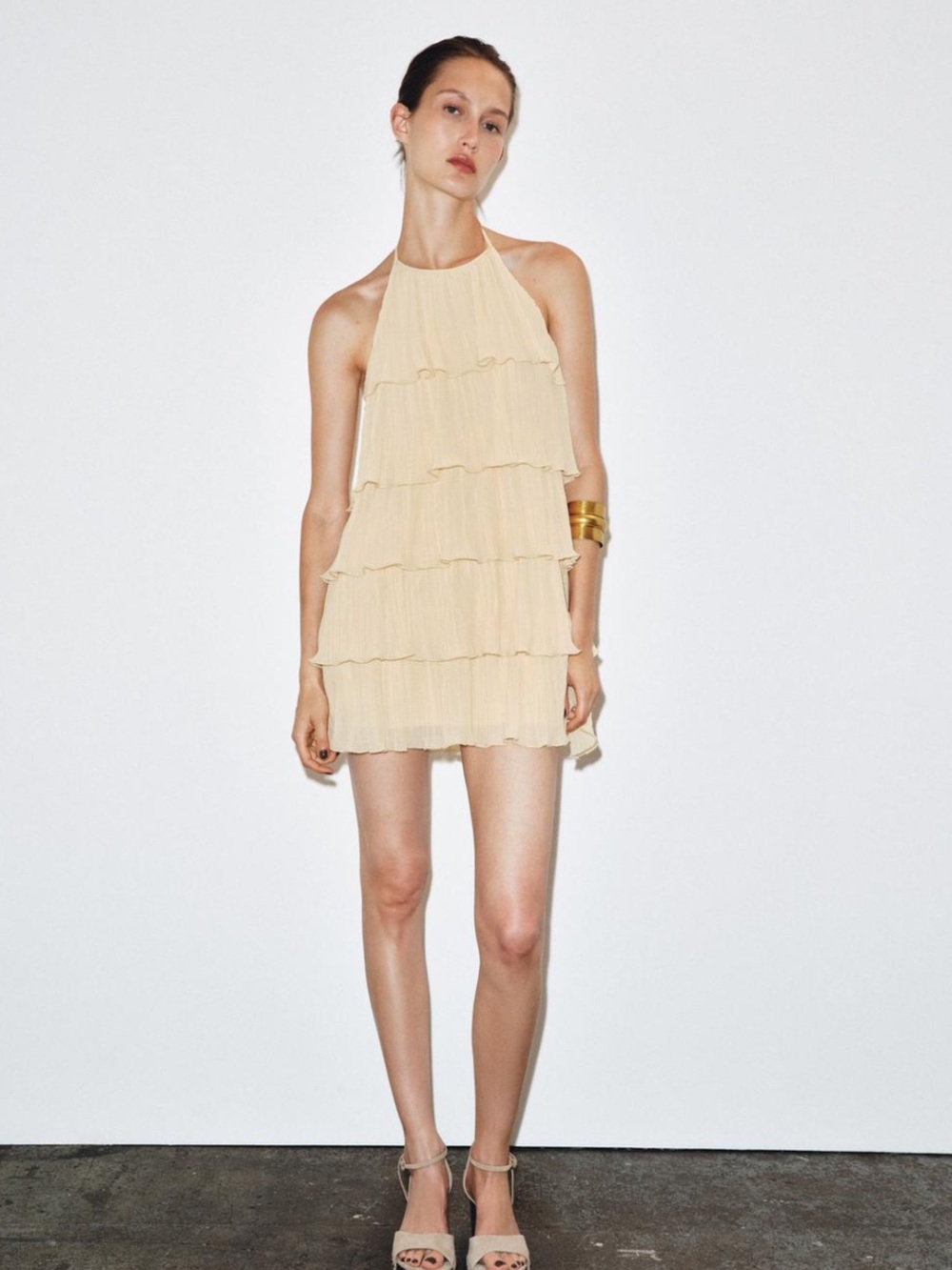 ZARA NWT Tiered Ruffle Halter Mini Dress Yellow Size S Ref 1165/452